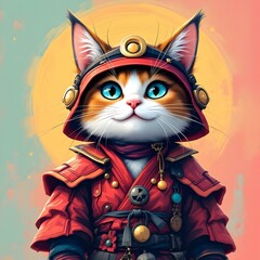 Cool Cat Samurai in Red Outfit Digital Art Wallpaper