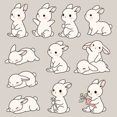 Cute Bunny Illustrations in Various Poses, Kawaii Rabbit Clipart Set