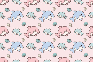 Fototapeta premium Cute Pastel Dolphin Seamless Pattern with Seashells