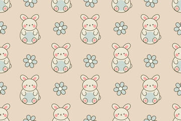 Cute Rabbit Seamless Repeat Pattern with Flowers on Beige Background