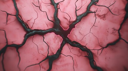 The image shows a stylized rendering of dark, vein-like structures branching out across a cracked, pinkish-red surface, with a glowing pink line outlining the central juncture.