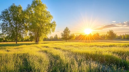 Obraz premium Vibrant sunlight illuminates the open field filled with green trees and grass