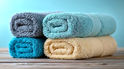 Soft Rolled Bath Towels Pastel Colors Rustic Wood Background