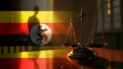 The scales of justice stand in front of the Uganda flag, symbolizing law, fairness, and the legal system. A concept of democracy and equality.
