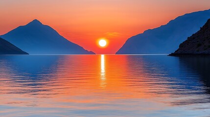 Naklejka premium Vibrant sunset over calm sea between mountains.