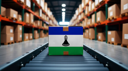 Obraz premium A package wrapped in the Lesotho flag moves on a conveyor belt inside a warehouse. Symbolizing logistics, global trade, and the efficiency of supply chains.