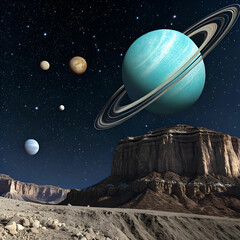 Naklejka premium Uranus from the side, highlighting its extreme axial tilt and delicate, glowing rings.