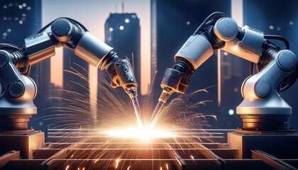 Robotic arms work in harmony to create innovative structures in a vibrant, futuristic cityscape.