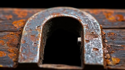 Close-up of a rusty keyhole on an aged wooden door, highlighting the texture and history