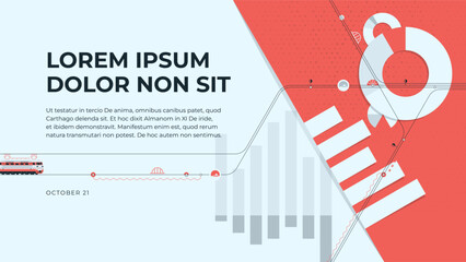 Railway infrastructure development, economics and logistics. A cover template for a presentation, album, or annual report in red and gray tones