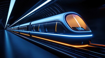Fototapeta premium Futuristic High-Speed Train in a Neon-Lit Tunnel