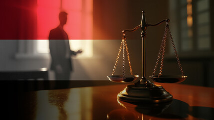 The scales of justice stand in front of the Yemen flag, symbolizing law, fairness, and the legal system. A concept of democracy and equality.
