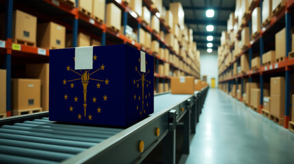 Fototapeta premium Indiana parcel on a conveyor in a modern distribution center. Symbolizing trade, global exports, and the efficiency of logistics