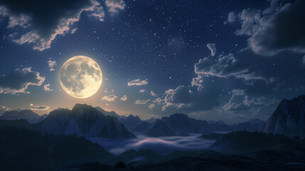 A serene night sky with a full moon and wispy clouds over mountains.