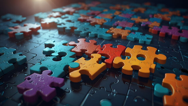 Close-Up of a Metallic Jigsaw Puzzle Partially Completed on a Background of Mathematical Symbols and Equations