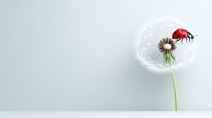 Ladybug on a dandelion against a soft background, showcasing delicate nature details.