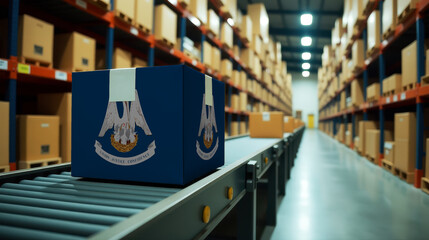 Fototapeta premium Louisiana parcel on a conveyor in a modern distribution center. Symbolizing trade, global exports, and the efficiency of logistics