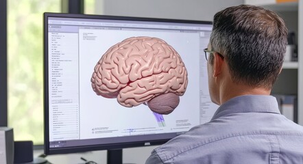Close-Up of a Professional Examining a Detailed Brain Illustration on a Computer Screen