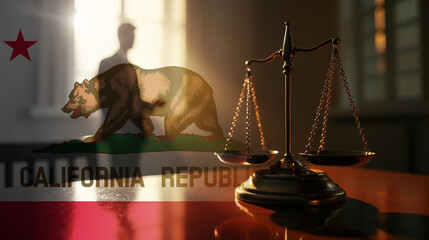 The scales of justice stand in front of the California flag, symbolizing law, fairness, and the legal system. A concept of democracy and equality.