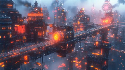 Fototapeta premium Futuristic Cityscape at Night with Glowing Bridges and Dark Atmosphere