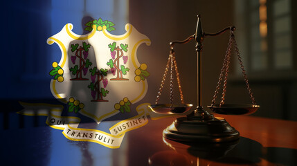The scales of justice stand in front of the Connecticut flag, symbolizing law, fairness, and the legal system. A concept of democracy and equality.