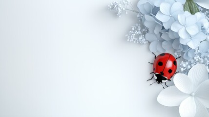 Fototapeta premium Ladybug on delicate white and blue flowers against minimalist background.