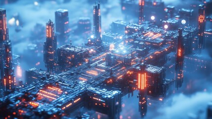 Fototapeta premium Futuristic Cityscape at Night: Glowing Towers and Blue Lighting