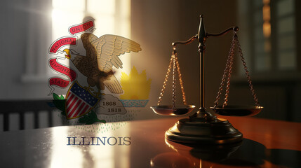 The scales of justice stand in front of the Illinois flag, symbolizing law, fairness, and the legal system. A concept of democracy and equality.