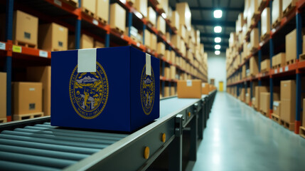 Fototapeta premium Nebraska parcel on a conveyor in a modern distribution center. Symbolizing trade, global exports, and the efficiency of logistics