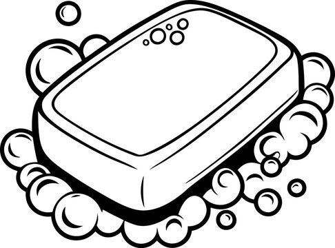 bar of soap with bubbles illustration clean hygiene, black and white line art, minimalistic detergent design
