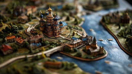 Obraz premium Detailed Miniature Model of a Picturesque Cityscape with a Majestic Cathedral by the River