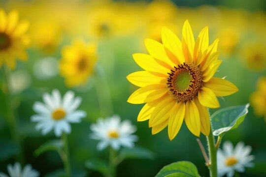 One bright yellow sunflower amidst white flowers, noticeable, unusual