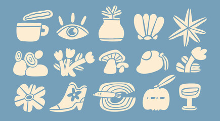 Set of Various white Doodle icons. Different figures, elements. Cup, eye, shroom, mango, cactus, flower, boot, apple, glass, shell etc. Hand drawn trendy Vector illustration. All elements are isolated