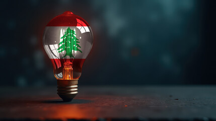 A patriotic concept: A light bulb with the Lebanon flag design glowing in the dark, symbolizing ingenuity, technology, and energy independence