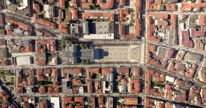 Aerial perpendicular view of Avezzano Cathedral in Abruzzo, Italy. It is a Roman Catholic cathedral dedicated to Saint Bartholomew. It overlooking the main square of the town.