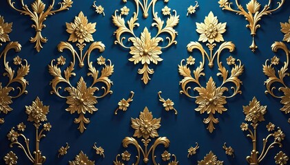 Intricate floral damask wallpaper, gold accents on deep blue, repeat, classic