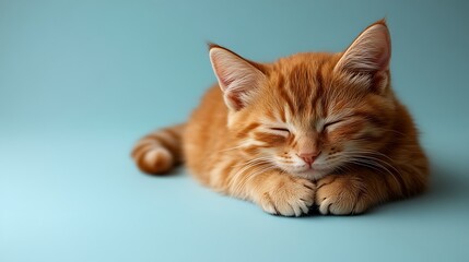 Obraz premium Adorable ginger kitten sleeping peacefully on light blue background.