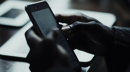 A person is using a cell phone with a black screen