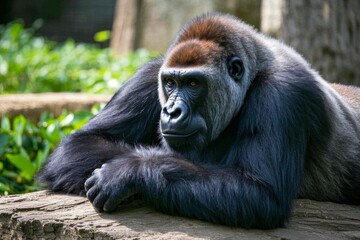 Relaxed Gorilla with Arms Crossed on a Wooden Surface in a Lush Green Forest