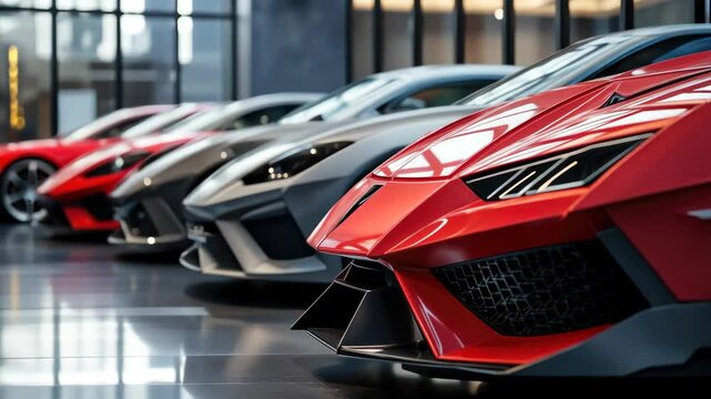 Shiny red luxury car stands out among a row of grey cars in a modern showroom, symbolizing discrimination