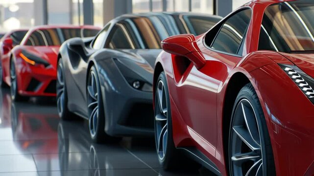 Shiny red luxury car stands out among a row of grey cars in a modern showroom, symbolizing discrimination
