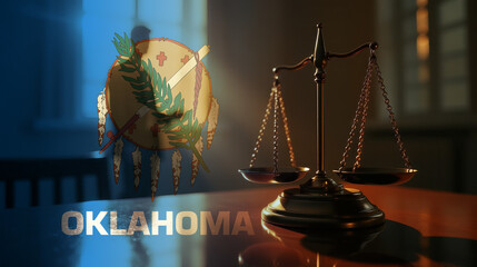 The scales of justice stand in front of the Oklahoma flag, symbolizing law, fairness, and the legal system. A concept of democracy and equality.