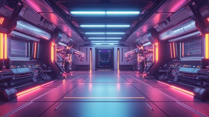 Fototapeta premium Modern Smart Factory Interior with Neon Lights and High-Tech Design