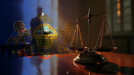 The scales of justice stand in front of the Pennsylvania flag, symbolizing law, fairness, and the legal system. A concept of democracy and equality.