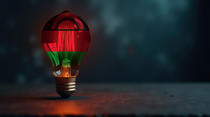 A patriotic concept: A light bulb with the Malawi flag design glowing in the dark, symbolizing ingenuity, technology, and energy independence