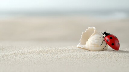 Obraz premium A ladybug perched on a seashell on a sandy beach, capturing nature's beauty and simplicity in a serene setting.