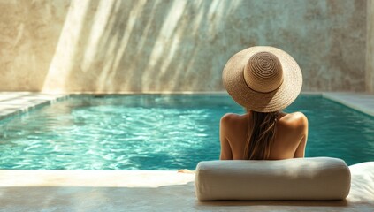 Obraz premium Relaxation by the pool in golden hour light, enjoying a perfect summer vacation moment