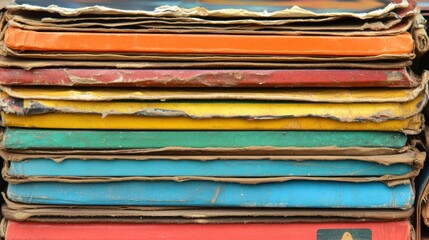 Colorful vintage books stacked, flea market, textured spines, background blur, education