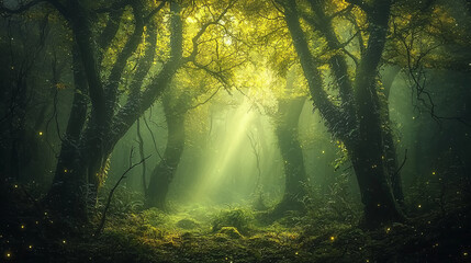 Naklejka premium Surreal Fantasy Forest with Ancient Spirits and Glowing Vines