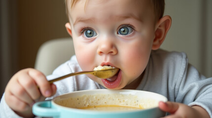 The baby eats porridge with a spoon on his own